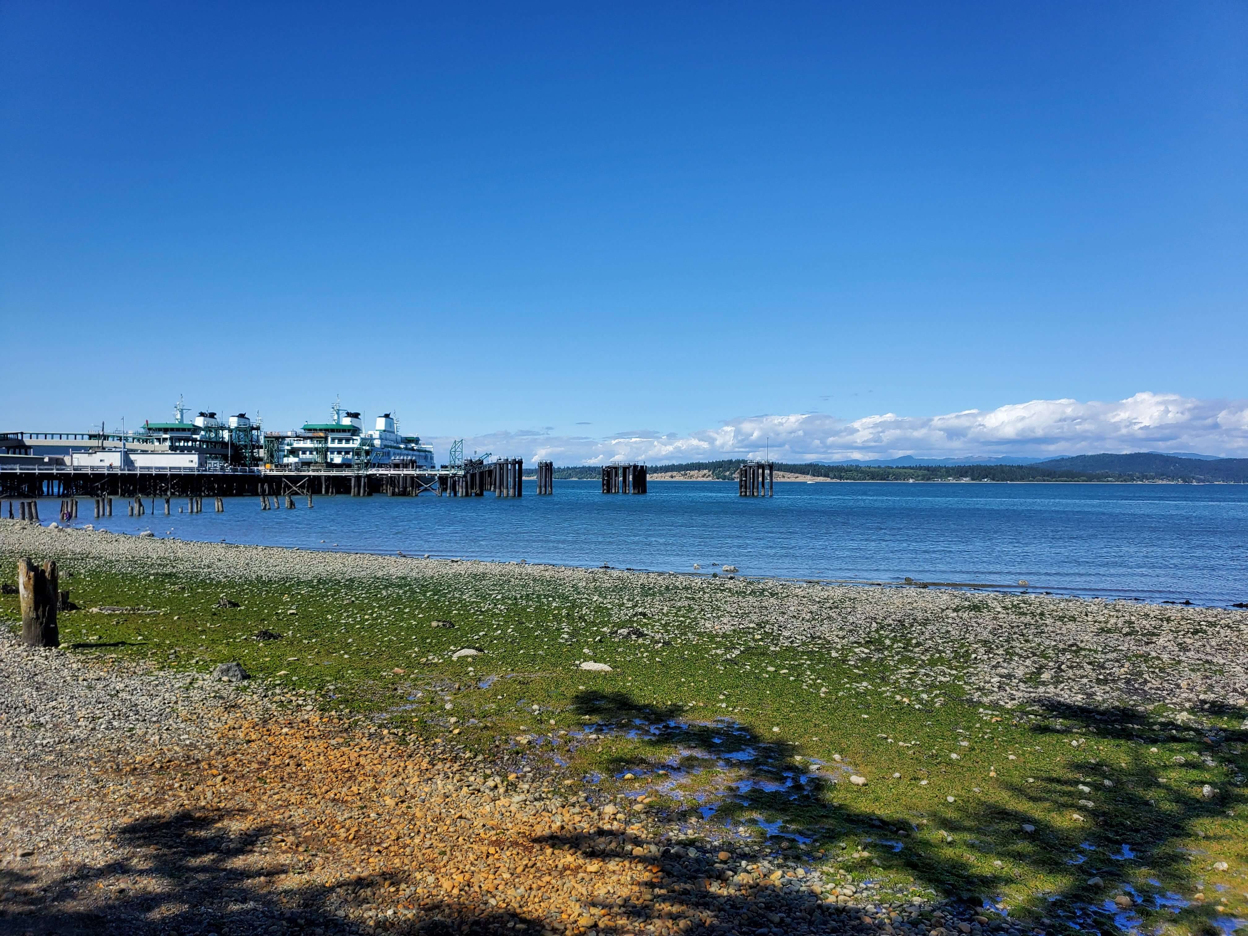 View of a ferry and the surrounding water at the Anacortes ferry terminal