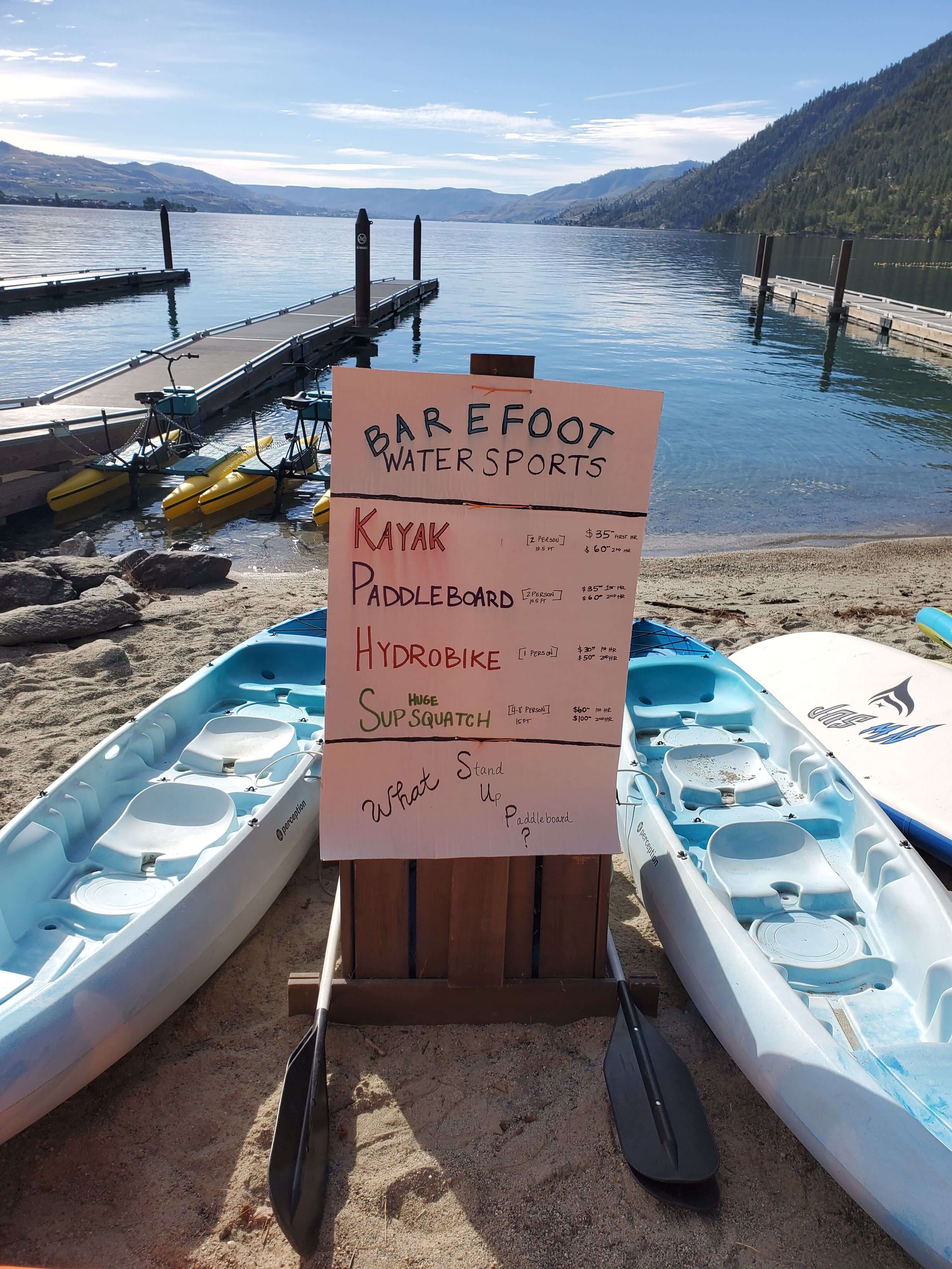 Sign at Lake Chelan State Park listing watersport rental options and prices