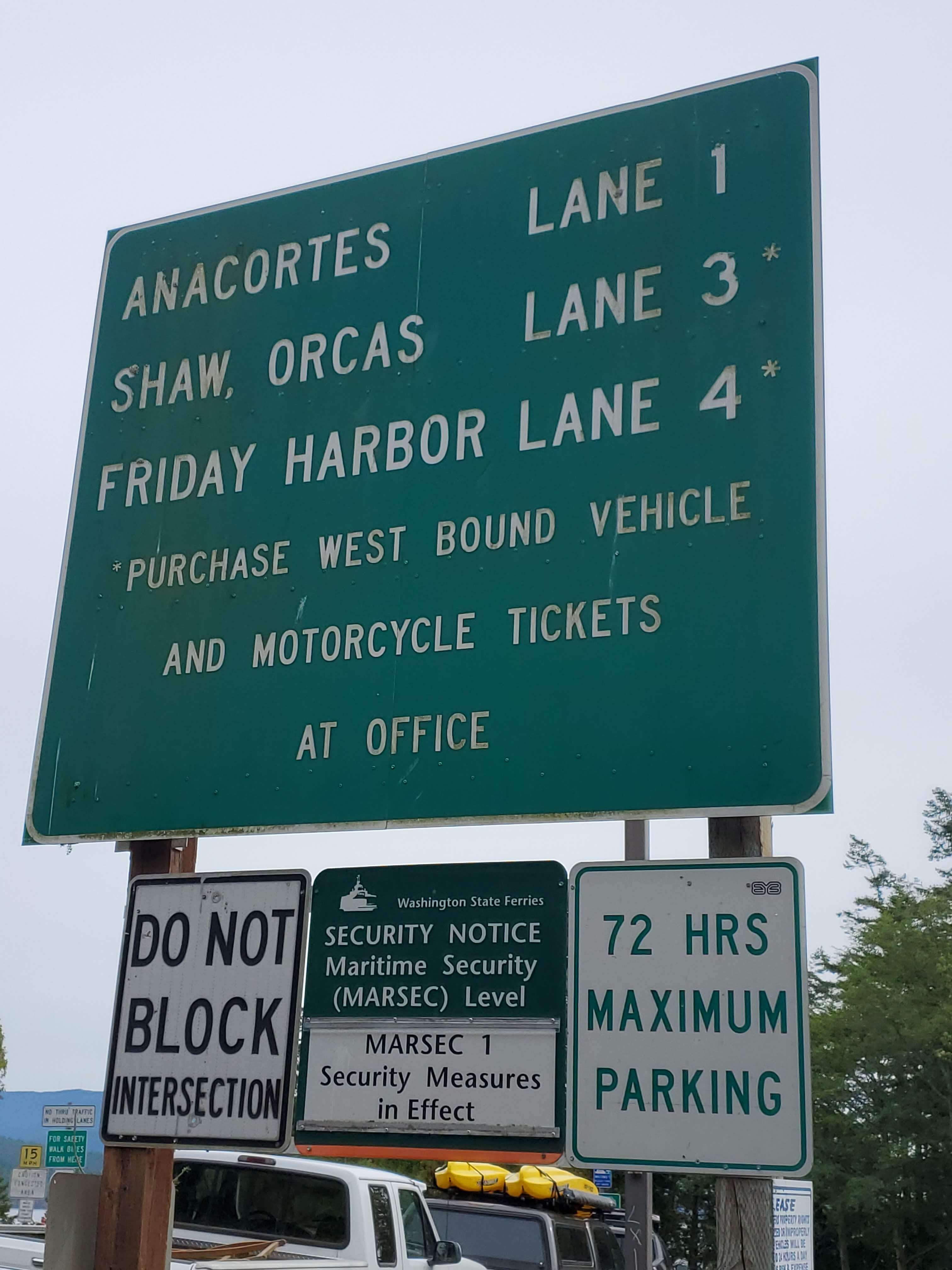Sign listing the destinations from the Lopez Island ferry terminal