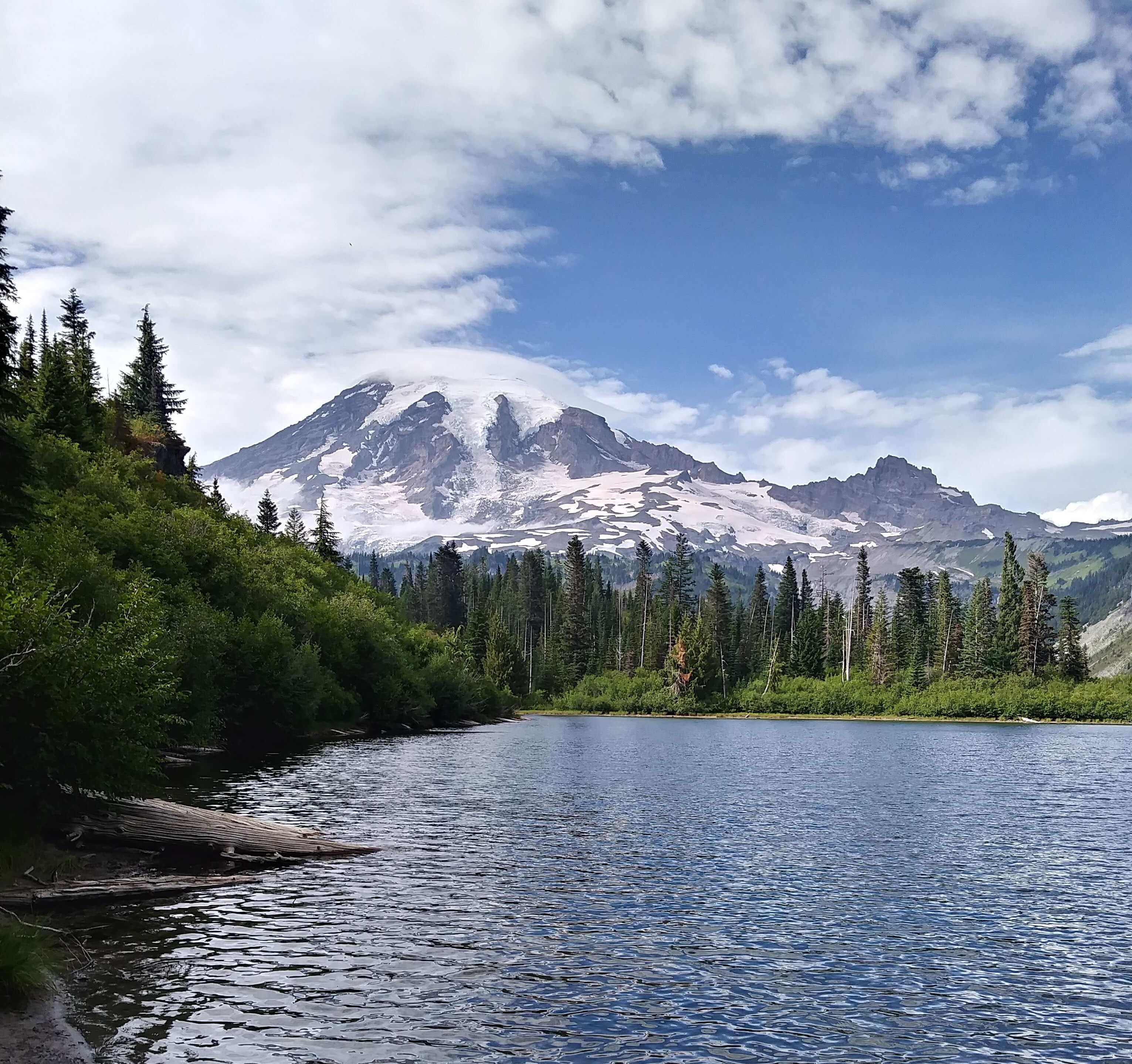View of Mount Rainier from Bench Lake in Mount Rainier National Park