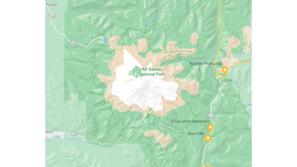 Map depicting the locations of Naches Peak Loop, Grove of the Patriarchs, and Silver Falls trailheads in Mount Rainier National Park