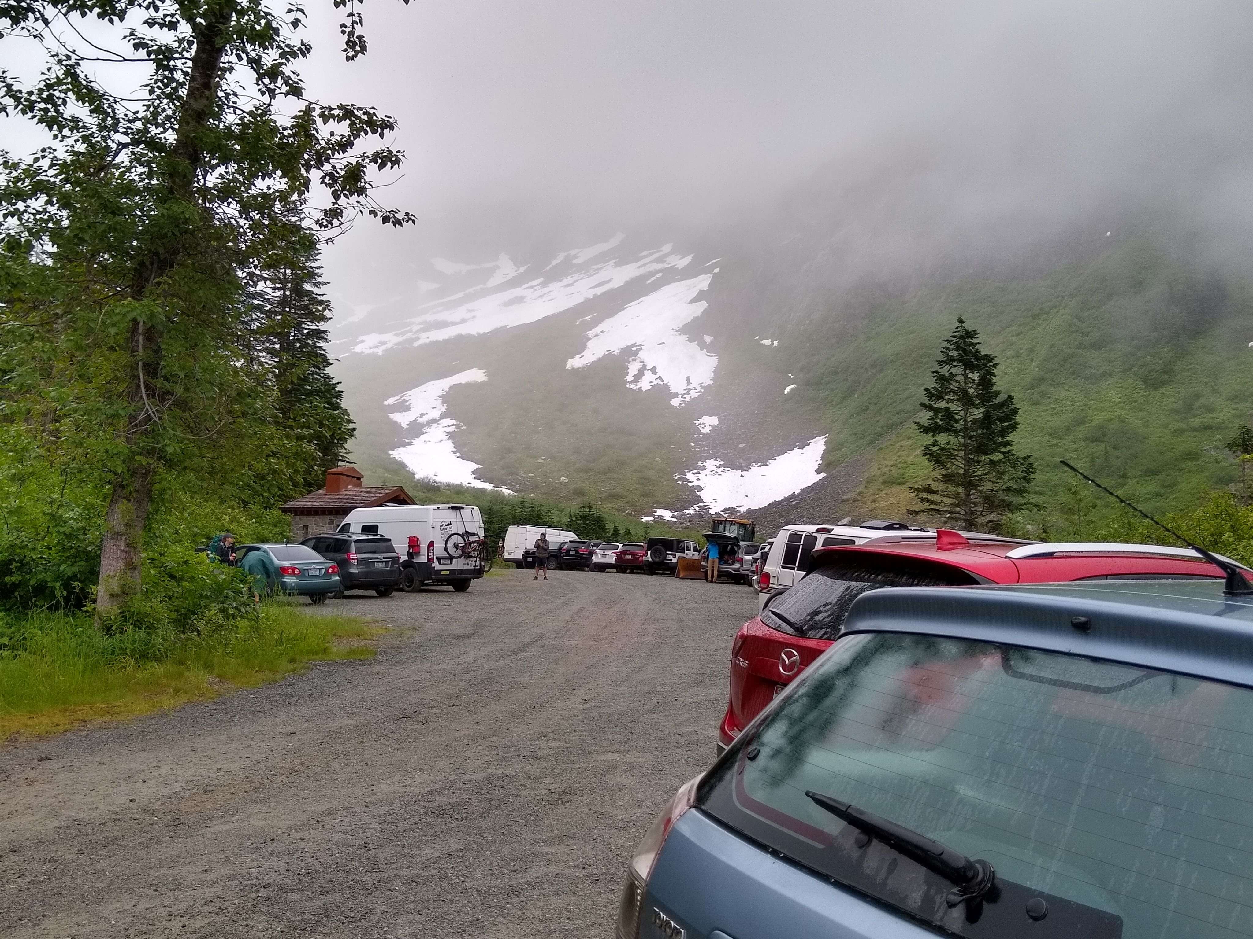 Cascade Pass Trailhead in North Cascades National Park on a foggy day