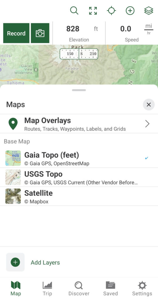 Screenshot of Gaia GPS basic map layers