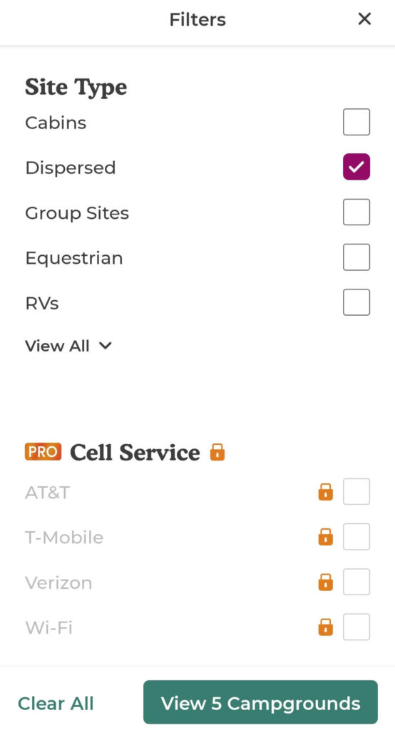 Screenshot of The Dyrt search filters