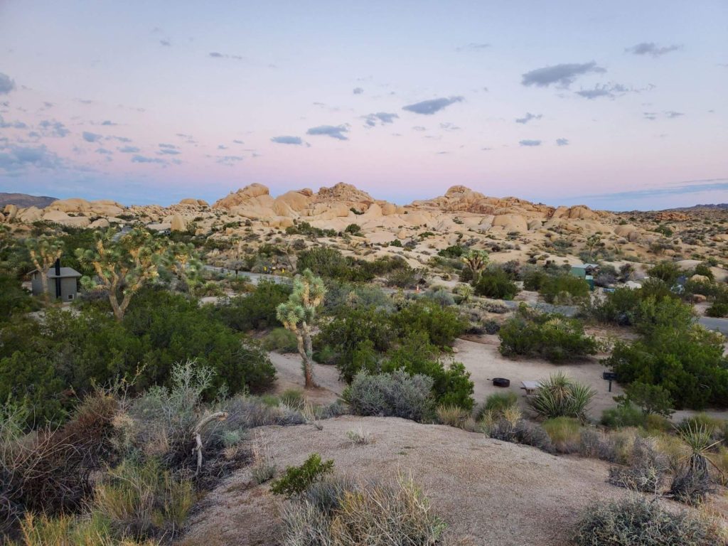 A campground in the Mojave Desert at sunrise