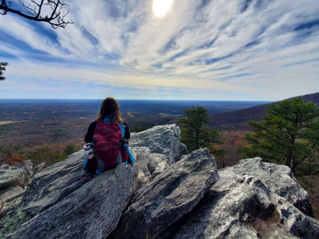 A hiker wearing a backpack sits on a rock and looks out at a valley