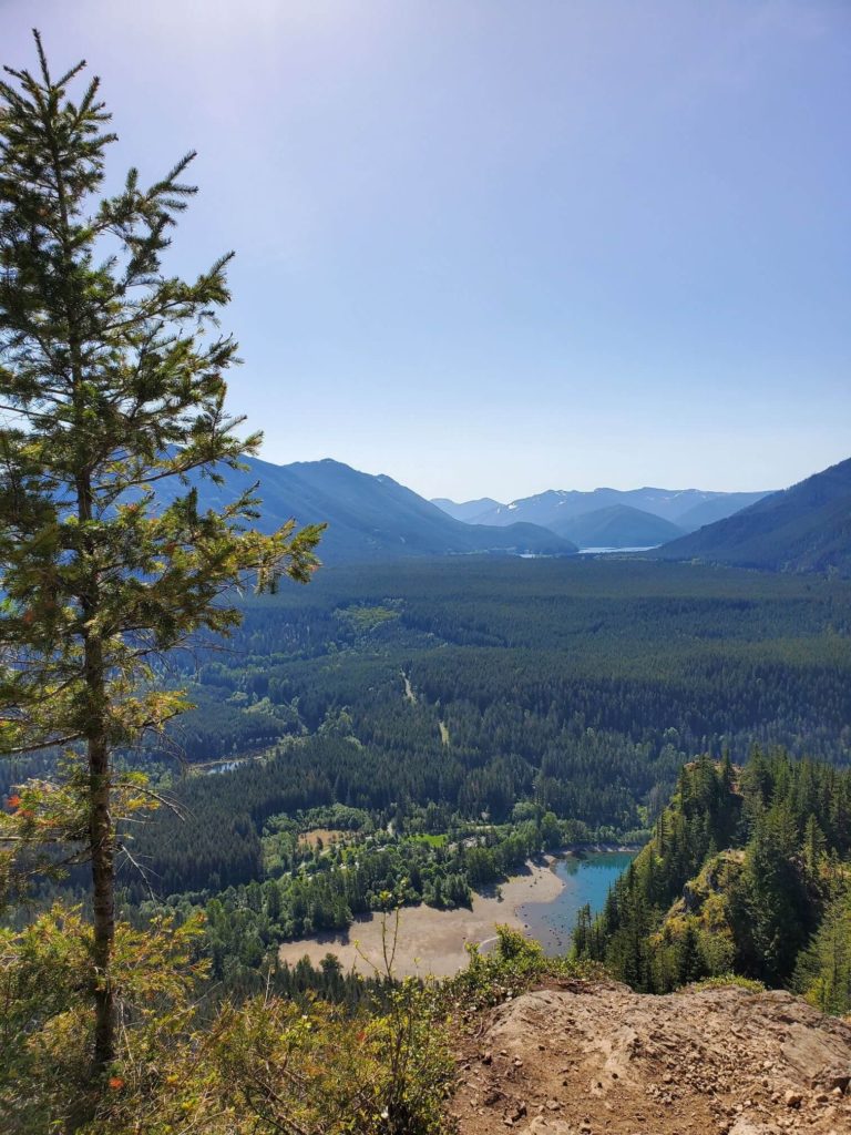 A tree-filled valley under a blue sky