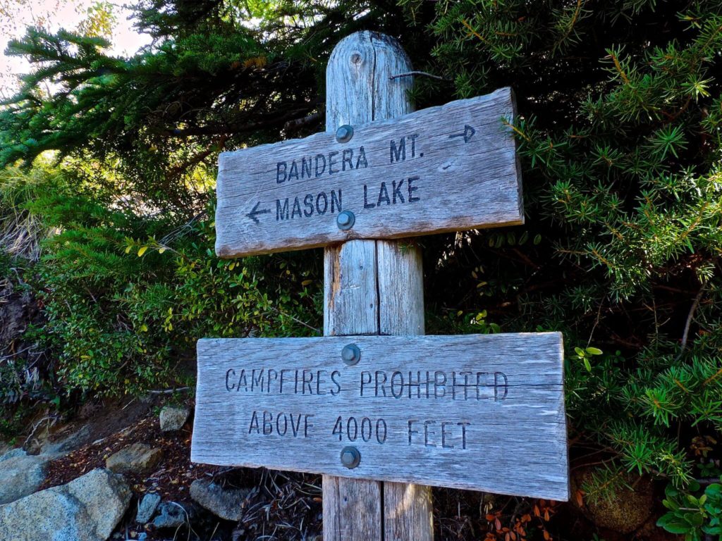Trail sign giving directions to Bandera Mountain and Mason Lake