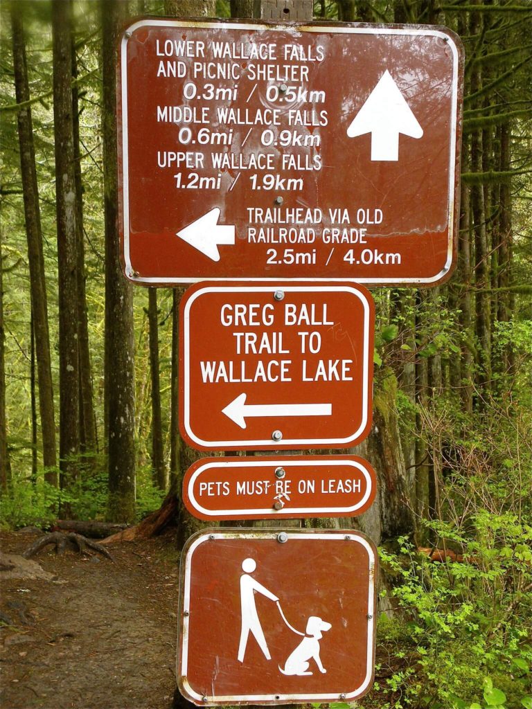 Trail sign pointing to Wallace Falls and Wallace Lake