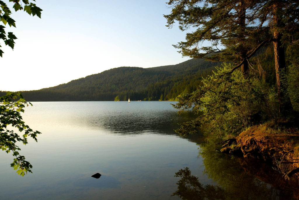 Rolling green hills surround Cascade Lake on Orcas Island