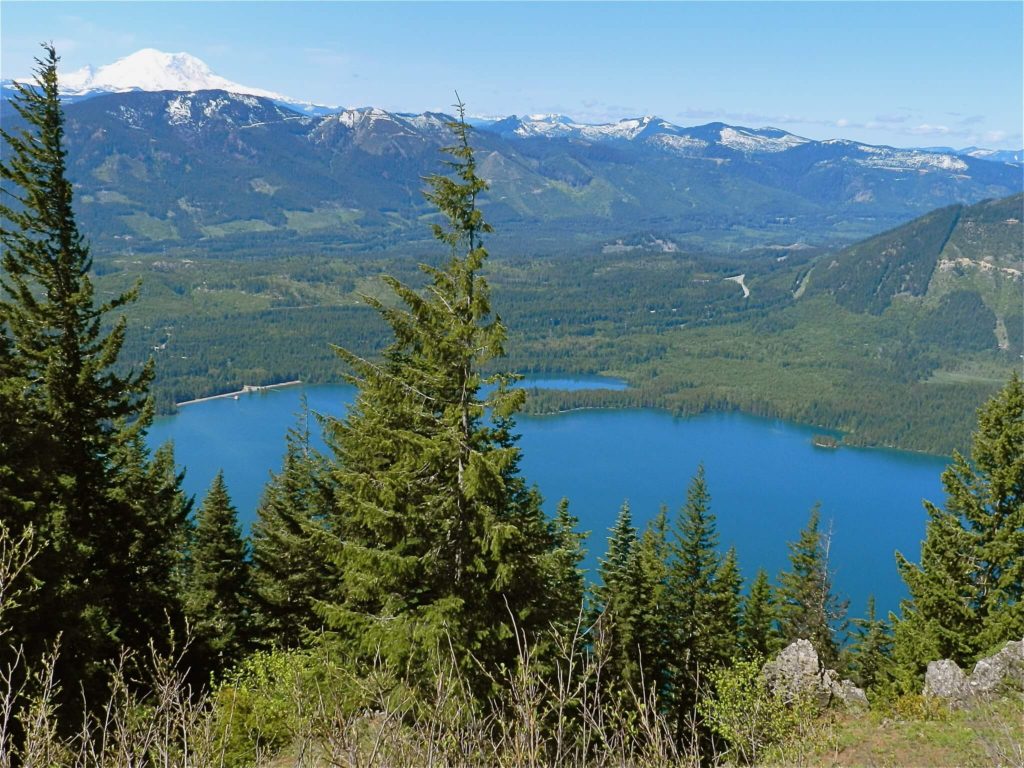 A lake viewed behind a row of trees with a mountain range in the background
