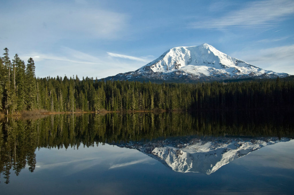 A snowy mountain is reflected off a tree-lined lake