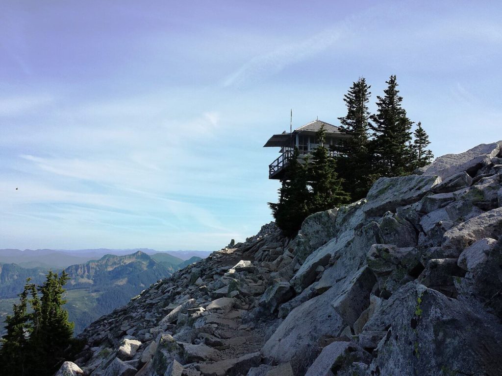 A rocky trail leads up to Granite Mountain Lookout
