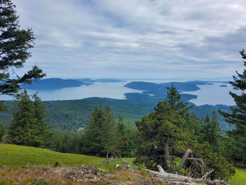 View of surrounding islands seen from Little Summit on Orcas Island on an overcast day