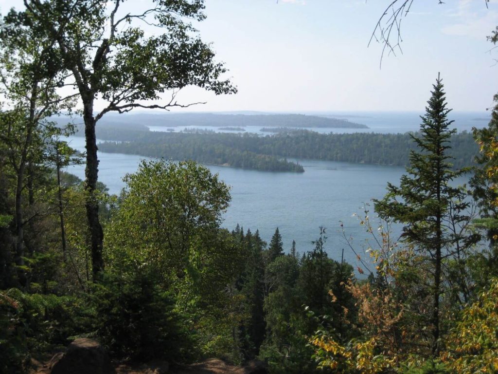 View of tree-covered islands and water in Isle Royale National Park